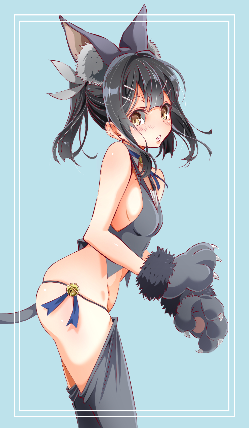 1girl anal_tail animal_ears black_hair blue_background blue_ribbon blush breasts brown_eyes cat_ears cat_tail cowboy_shot detached_collar fake_animal_ears fake_tail fate/kaleid_liner_prisma_illya fate_(series) from_side gloves grey_gloves grey_legwear grey_ribbon hair_ornament hair_ribbon hairclip highres long_hair looking_at_viewer miyu_edelfelt ngv3553 parted_lips paw_gloves paws ponytail ribbon sideboob skindentation sleeveless small_breasts solo standing tail thighhighs
