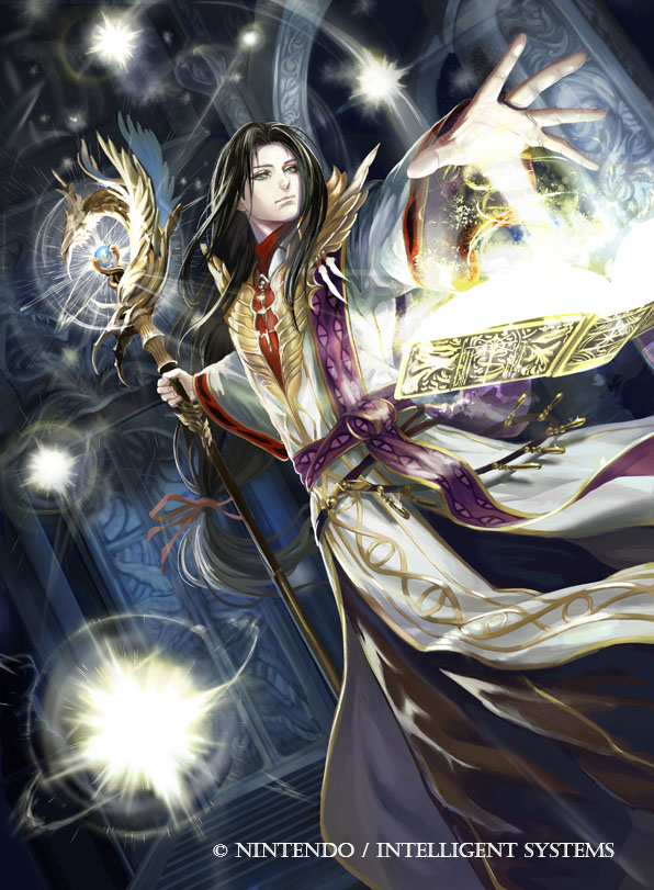 1boy arch black_hair book cathedral company_name fire_emblem fire_emblem:_akatsuki_no_megami fire_emblem_cipher grey_eyes holding holding_staff indoors long_hair low-tied_long_hair magic male_focus nintendo official_art open_book outstretched_hand robe sephiran solo staff very_long_hair watermark white_robe