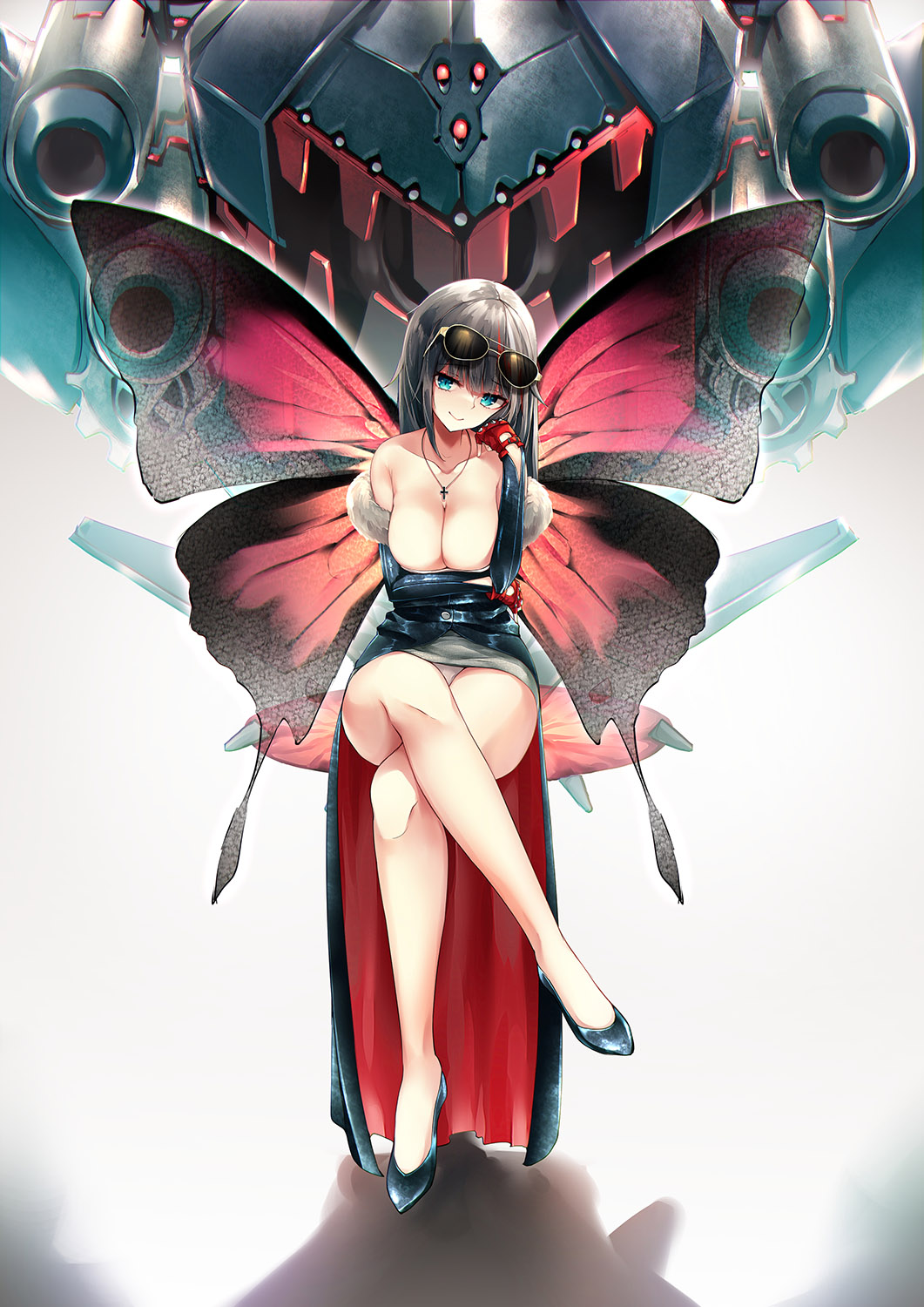 1girl azur_lane bangs black_dress black_hair blue_eyes breasts butterfly_wings cleavage deutschland_(azur_lane) dress eyebrows_visible_through_hair full_body high_heels highres legs_crossed long_hair looking_at_viewer machinery multicolored_hair oshishio panties red_hair rigging silver_hair sitting smile streaked_hair sunglasses underwear very_long_hair white_panties wings