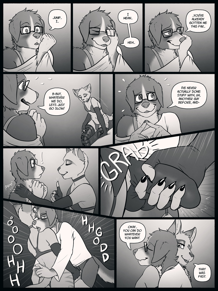! anthro blush bra bulge canid canine clothed clothing comic crossdressing dialogue duo english_text felid feline girly glopossum greyscale grope makeup male male/male mammal monochrome penis_outline standing text tongue tongue_out underwear