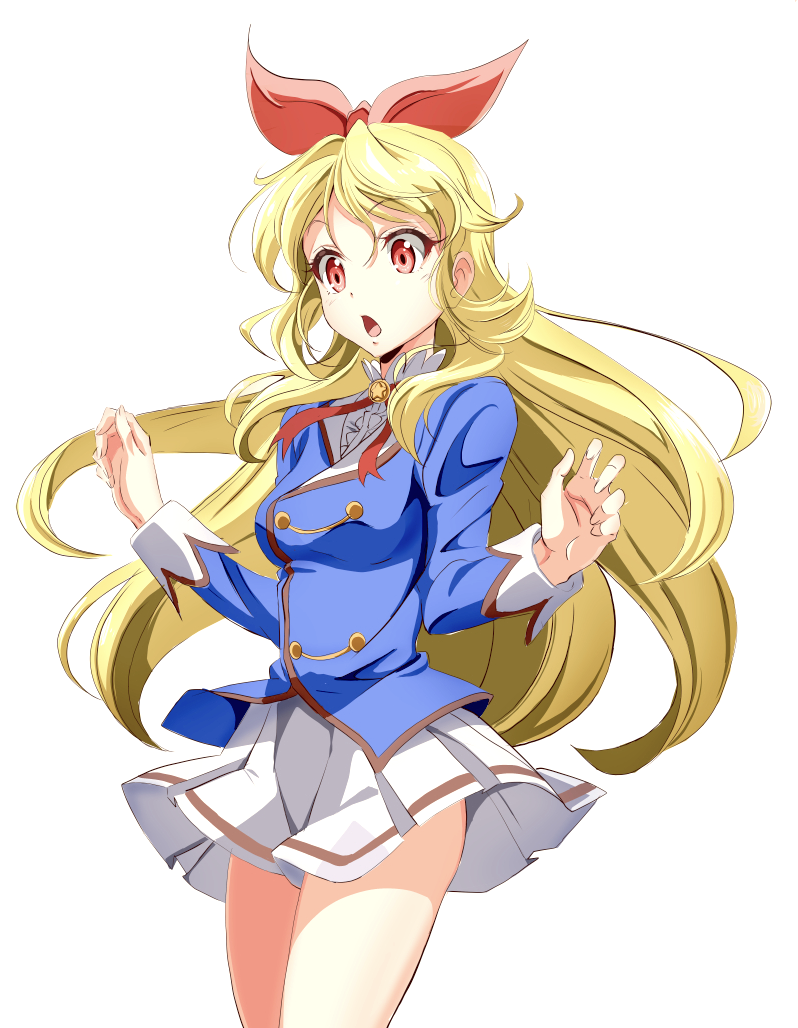 1girl :o aikatsu! aikatsu!_(series) blonde_hair blue_jacket bow dress_shirt floating_hair hair_between_eyes hair_bow hoshimiya_ichigo jacket long_hair long_sleeves miniskirt neck_ribbon ngv3553 pleated_skirt red_bow red_eyes red_ribbon ribbon shiny shiny_hair shirt simple_background skirt solo standing surprised very_long_hair white_background white_shirt white_skirt