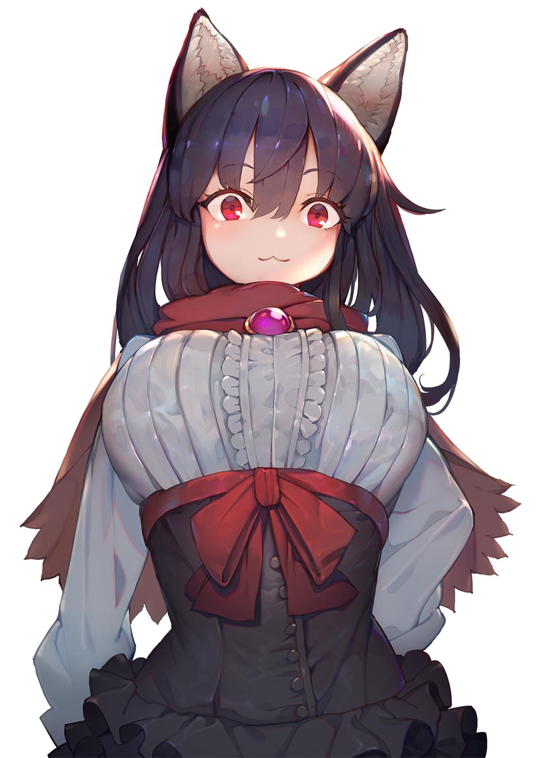 1girl :3 alternate_costume animal_ear_fluff animal_ears black_hair black_skirt blush bow breasts brooch center_frills commentary_request cowboy_shot frills high-waist_skirt highres imaizumi_kagerou jewelry large_breasts layered_skirt long_hair long_sleeves looking_at_viewer onion_(onion_and_pi-natto) red_bow red_eyes red_scarf ribbed_shirt scarf shirt simple_background skirt smile solo touhou white_background white_shirt wolf_ears