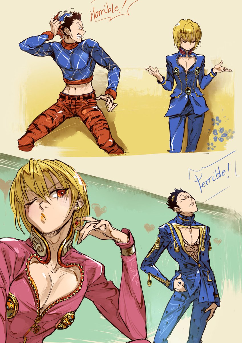 2boys alderion-al angry animal_print black_hair blonde_hair bruno_buccellati bruno_buccellati_(cosplay) cosplay crop_top earrings english_text giorno_giovanna giorno_giovanna_(cosplay) guido_mista guido_mista_(cosplay) hand_on_hip hat heart_cutout highres hunter_x_hunter jewelry jojo_no_kimyou_na_bouken kurapika leorio_paladiknight male_focus midriff multiple_boys red_eyes shrug standing sweater tiger_print vento_aureo w_arms zipper