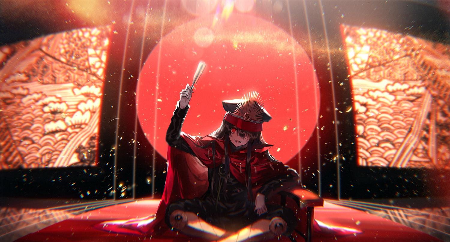 1girl black_hair blurry blurry_background cape elbow_rest fate/grand_order fate_(series) fuuna_(conclusion) gloves hat koha-ace legs_crossed lens_flare military_hat oda_nobunaga_(fate) one_eye_covered red_eyes sitting white_gloves