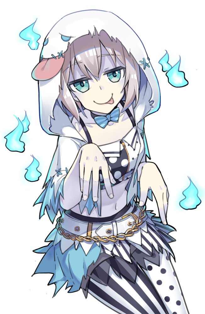 1girl :p aoba_moka asymmetrical_legwear bang_dream! belt blue_eyes blue_neckwear bow bowtie capelet chains collarbone crop_top ghost_costume ghost_pose grey_hair hands_up hitodama hood hood_up hooded_capelet looking_at_viewer midriff mujun_atama navel pale_skin polka_dot polka_dot_legwear short_hair simple_background sitting solo stitches striped striped_legwear striped_neckwear tongue tongue_out vertical-striped_legwear vertical_stripes white_background