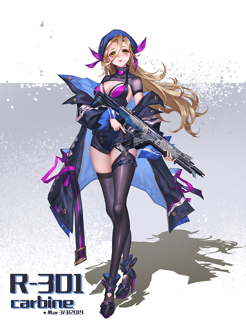 1girl apex assault_rifle baggy_clothes bangs blue_headwear boots bra breasts choker coat collarbone crossed_legs dated floating_hair full_body garter_straps green_eyes gun hair_between_eyes hair_ribbon halter_top halterneck hat heart heart_choker high-waist_shorts high_heel_boots high_heels holding holding_gun holding_weapon large_breasts legs_crossed light_brown_hair long_hair looking_at_viewer off_hsoulder open_clothes open_coat original parted_lips purpel_ribbon purple_bra purple_footwear purple_legwear r-301_carbine rainygo red_lips ribbon rifle shrug_(clothing) sidelocks skindentation solo thigh_strap thighhighs thighs trench_coat trigger_discipline underwear unzipped watson_cross weapon
