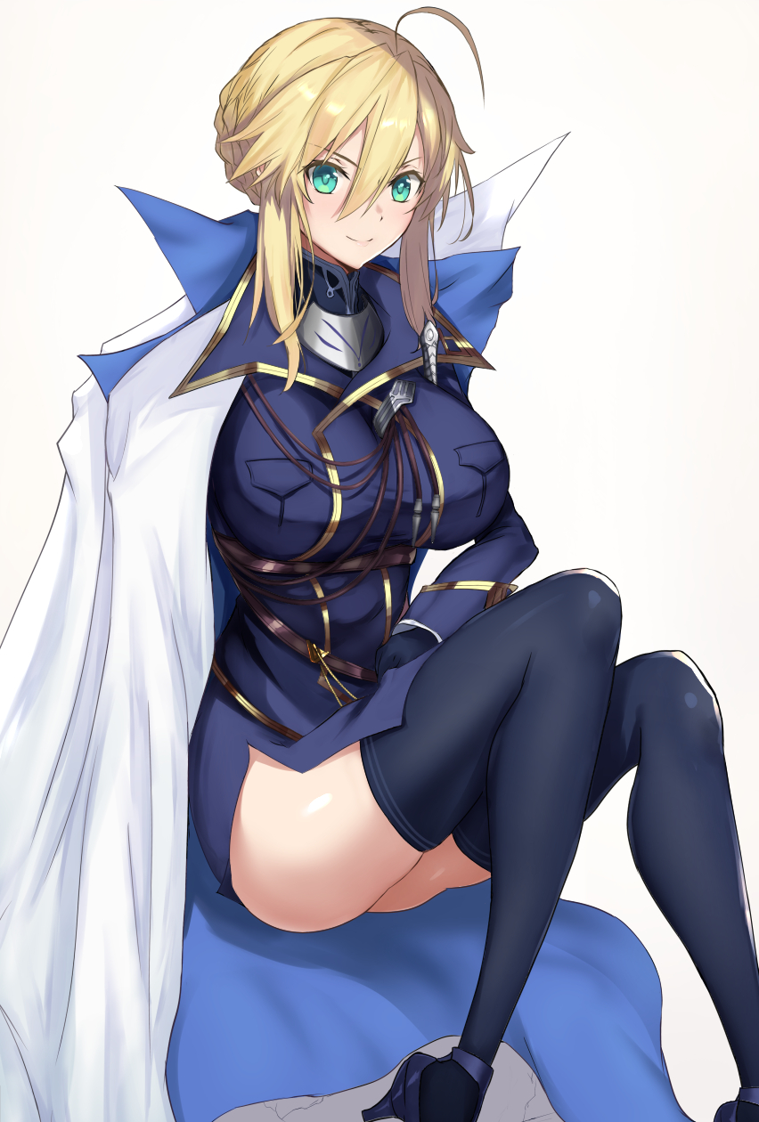 1girl ahoge akatsuki_ikki artoria_pendragon_(all) artoria_pendragon_(lancer) bangs blue_gloves blue_legwear blue_leotard braid breasts cape commentary_request fate/grand_order fate_(series) gloves green_eyes hair_between_eyes high_heels highres large_breasts leggings leotard pink_background sidelocks sitting solo swept_bangs