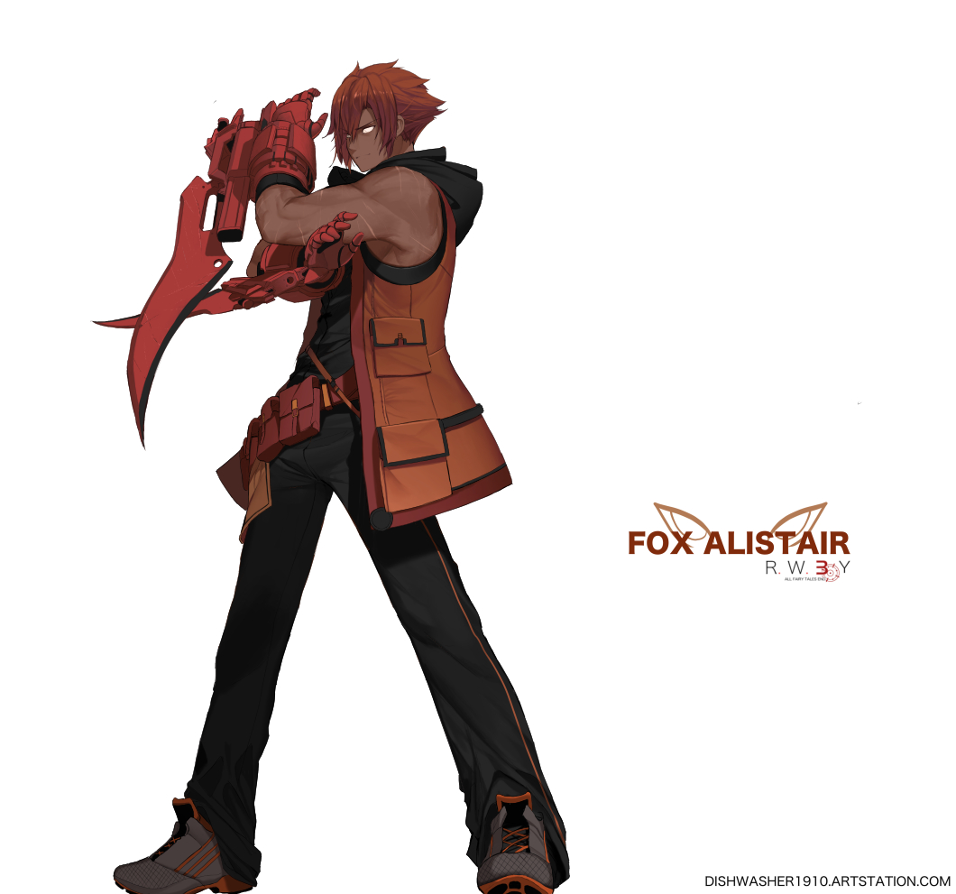 1boy arm_blade blade bright_pupils dark_skin dishwasher1910 eyebrows_visible_through_hair fighting_stance fox_alistair gauntlets gloves red_hair rwby scar tagme weapon white_pupils