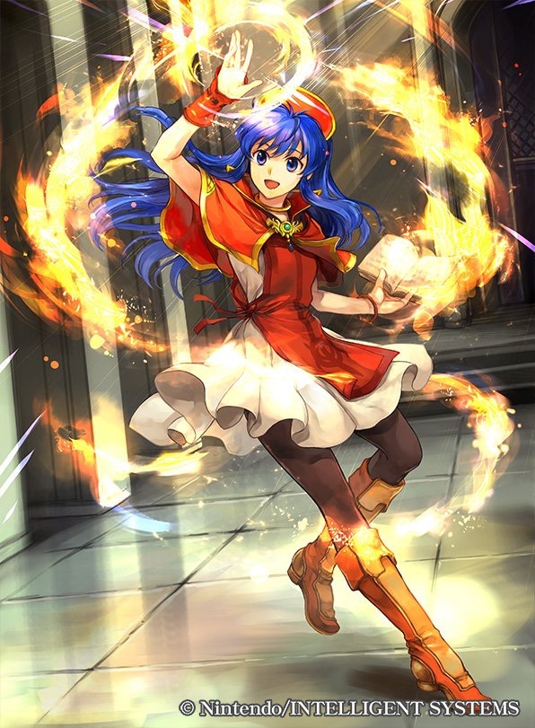 1girl action_pose blue_eyes blue_hair book boots fire fire_emblem fire_emblem:_fuuin_no_tsurugi fire_emblem_cipher holding holding_book lilina nintendo official official_art open_mouth skirt wadadot_lv