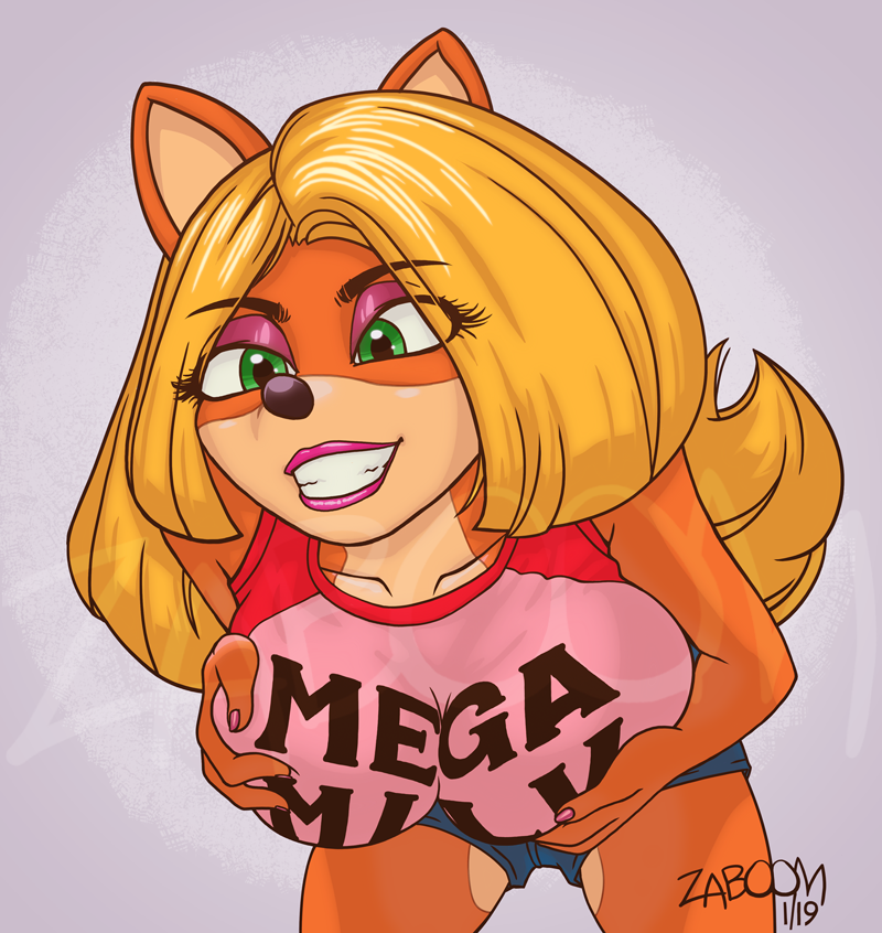 anthro bandicoot big_breasts breasts clothing crash_bandicoot_(series) female grope its-zaboom lipstick makeup mammal marsupial meme seductive smile solo tawna_bandicoot video_games