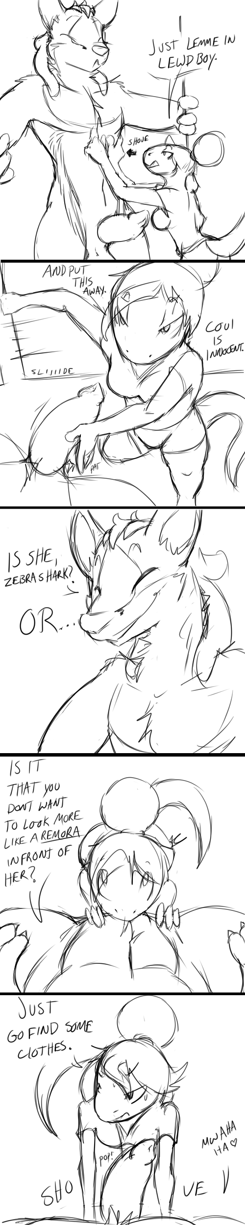 absurd_res canid canine comic dahp dialogue female flaccid grey_fox hi_res male male/female mammal monochrome noonie-beyl notactuallyhere oral penis size_difference urocyon zebrashark