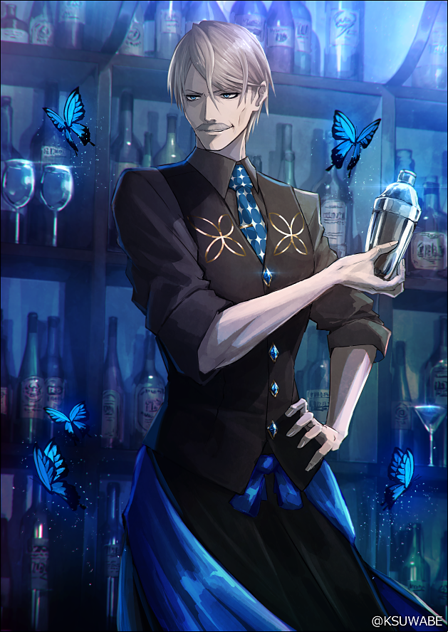 1boy alternate_costume bar blue_eyes bottle bug butterfly cocktail_glass commentary_request cup drinking_glass facial_hair fate/grand_order fate_(series) grey_hair hair_between_eyes hand_on_hip insect james_moriarty_(fate/grand_order) kei-suwabe long_sleeves mustache necktie pants shaker shelf sleeves_rolled_up smile solo standing twitter_username upper_body vest wine_glass
