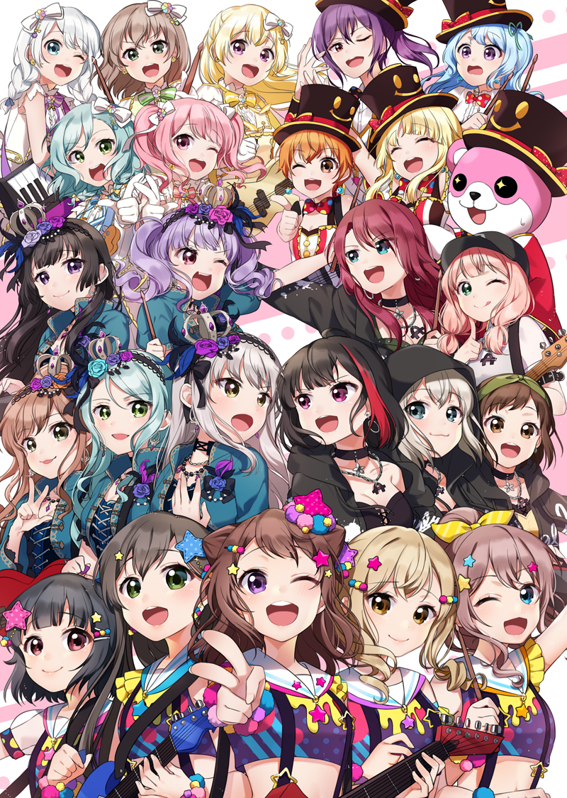 +_+ 6+girls :3 :d ;d ;q animal_costume aoba_moka aqua_hair bang_dream! bangs baseball_cap bass_guitar bear_costume black_choker black_hair black_headwear black_jacket blonde_hair blue_eyes blue_flower blue_hair blue_neckwear bob_cut bow bowtie brown_hair choker chyoling crop_top cross-laced_clothes crown drumsticks earrings electric_guitar everyone finger_to_cheek flower frills green_eyes green_neckwear grey_hair guitar hair_bow hair_flower hair_ornament hair_ribbon hairband half_updo hanazono_tae hand_on_own_head hand_up hat hat_bow hazawa_tsugumi hikawa_hina hikawa_sayo hood hood_down hood_up hooded_jacket hoop_earrings ichigaya_arisa imai_lisa instrument jacket jewelry keytar kitazawa_hagumi light_blue_hair looking_at_another looking_at_viewer low_twintails making-of_available maruyama_aya mascot_costume matsubara_kanon michelle_(bang_dream!) minato_yukina mitake_ran multicolored multicolored_clothes multicolored_hair multiple_girls one_eye_closed one_side_up open_mouth orange_eyes orange_hair outstretched_hand pendant pink_hair pink_neckwear plectrum pointing pointing_at_viewer polka_dot_neckwear pom_pom_(clothes) ponytail purple_eyes purple_flower purple_hair purple_neckwear red_bow red_eyes red_hair red_neckwear ribbon see-through_sleeves seta_kaoru shirasagi_chisato shirokane_rinko short_hair smile smiley_face star star_hair_ornament streaked_hair striped striped_neckwear striped_ribbon suspenders sweatdrop symbol_commentary tongue tongue_out top_hat toyama_kasumi tsurumaki_kokoro twintails udagawa_ako udagawa_tomoe uehara_himari ushigome_rimi v v-shaped_eyebrows w wakamiya_eve white_bow white_ribbon yamabuki_saaya yamato_maya yellow_eyes yellow_neckwear yellow_ribbon