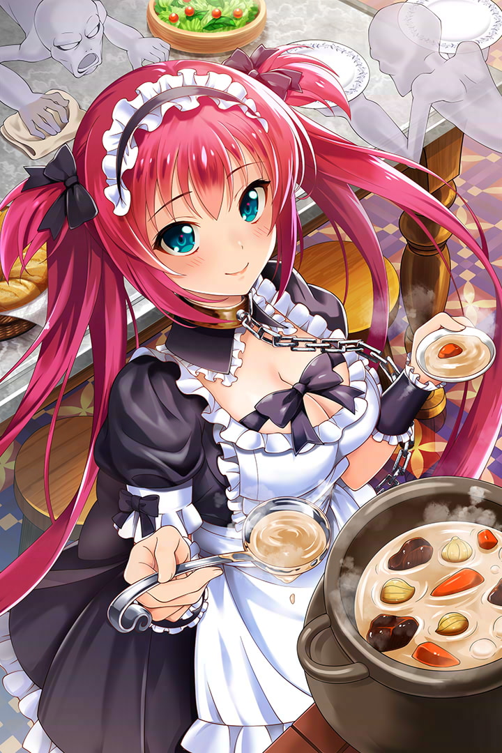 airi_(queen's_blade) blue_eyes breasts chains cleavage cooking large_breasts queen's_blade red_hair smile solo standing tied_hair twintails