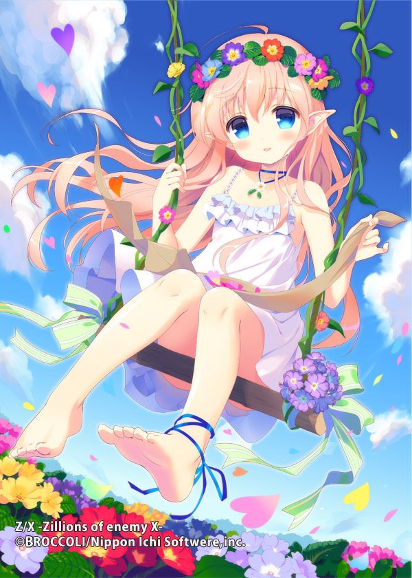 1girl bangs bare_arms bare_shoulders barefoot blonde_hair blue_eyes blue_ribbon blue_sky character_request cloud commentary_request copyright_name day dress eyebrows_visible_through_hair feet flower flower_wreath hair_between_eyes head_tilt head_wreath heart legs long_hair outdoors parted_lips petals pink_flower pointy_ears purple_flower red_flower ribbon santa_matsuri sitting sky sleeveless sleeveless_dress smile soles solo swing very_long_hair watermark white_dress yellow_flower z/x