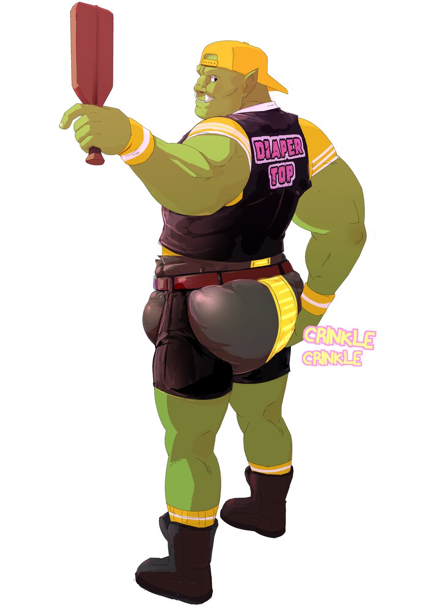 baseball_cap bdsm belt boots bottomless clothed clothing daire301 diaper domination footwear green_skin grope hand_on_butt hat humanoid legwear looking_at_viewer male muscular muscular_male orc paddle pointy_ears shirt shoes simple_background smile socks solo tusks wristband