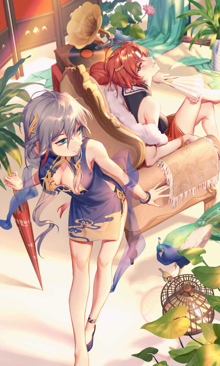 2girls armchair bare_legs bare_shoulders bird birdcage blue_eyes breasts cage chair cleavage closed_umbrella commentary_request day dubian_xiang fan from_above fu_hua hair_between_eyes hair_ornament hairclip highres holding holding_fan holding_umbrella honkai_(series) honkai_impact_3 indoors jpeg_artifacts legs_crossed long_hair medium_breasts multiple_girls murata_himeko oriental_umbrella peacock phonograph plant red_hair side_slit sitting smile umbrella very_long_hair yellow_eyes