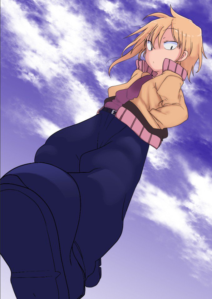 bangs belt blue_footwear blue_pants blue_sky character_counter_request cloud cloudy_sky commentary_request cool-kyou_shinja copyright_request day eyebrows_visible_through_hair from_below hands_in_pockets long_sleeves looking_at_viewer looking_down pants raised_eyebrows sanpaku shoe_soles sketch_eyebrows sky solo