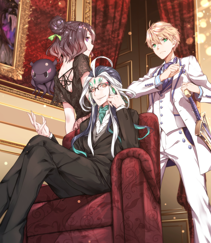 1boy 1girl 1other arthur_pendragon_(fate) blonde_hair excalibur_(fate/prototype) fate/grand_order fate_(series) forehead_jewel formal glasses green_eyes hair_bun katsushika_hokusai_(fate/grand_order) legs_crossed multicolored_hair octopus purple_eyes purple_hair qin_shi_huang_(fate/grand_order) red_eyes sahara386 suit tokitarou_(fate/grand_order) two-tone_hair white_suit