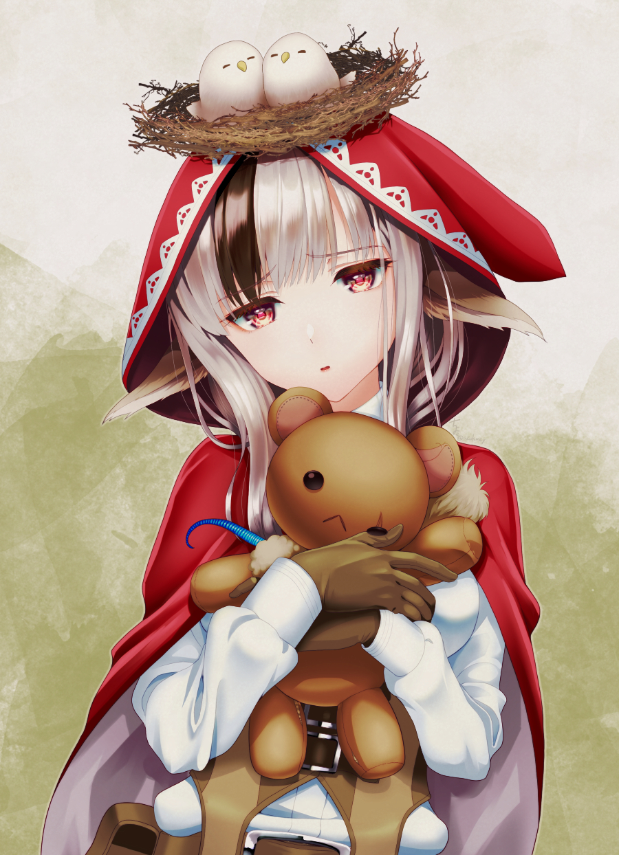 1girl animal animal_ears bangs bird bird_nest brown_gloves brown_hair brown_vest cape commentary_request eyebrows_visible_through_hair fire_emblem fire_emblem_if gloves hands_up head_tilt highres hood hood_up hooded_cape kumehara_chiyota long_hair long_sleeves multicolored_hair nintendo object_hug parted_lips red_cape red_eyes shirt silver_hair solo streaked_hair stuffed_animal stuffed_toy teddy_bear upper_body velour_(fire_emblem_if) vest white_shirt wolf_ears