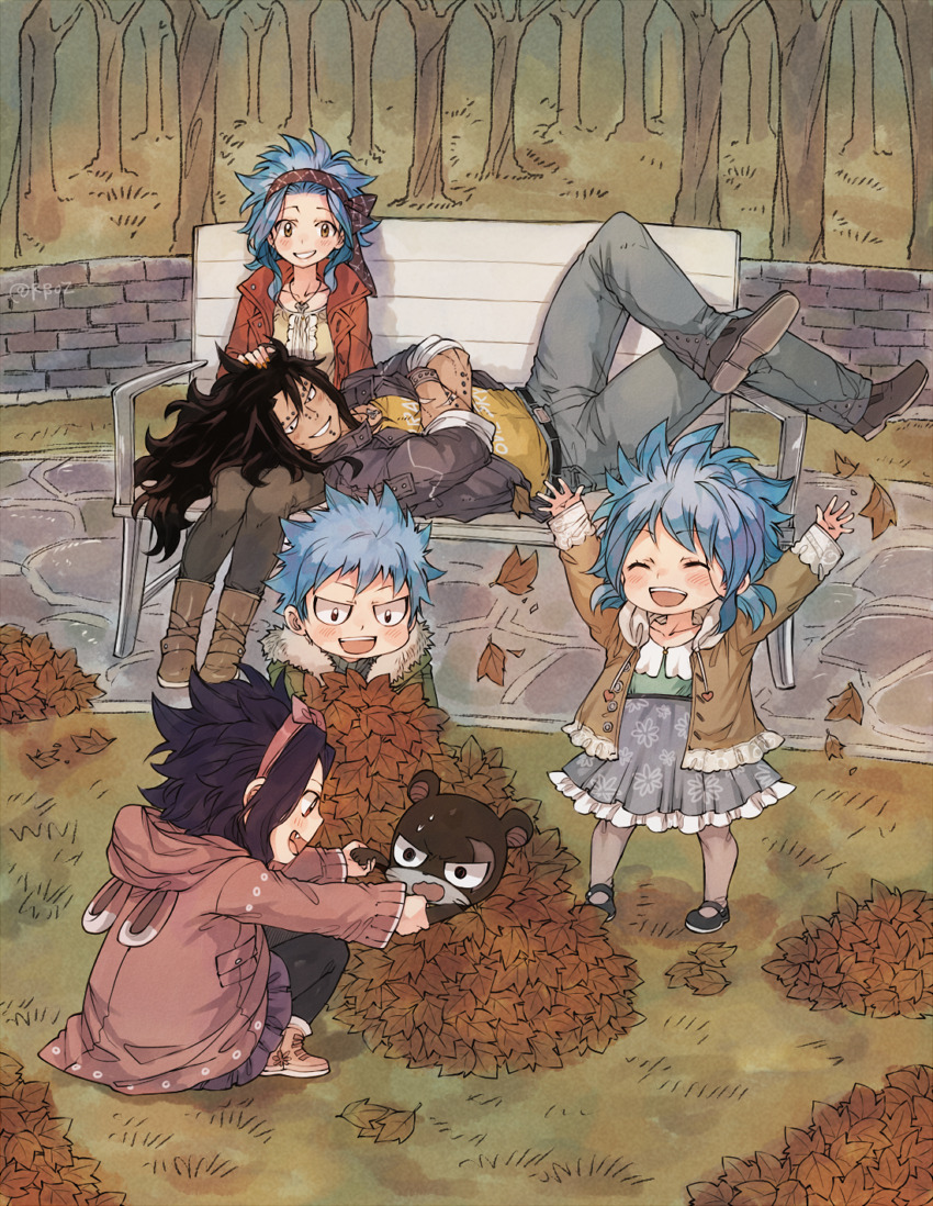 :d arm_piercing arms_up autumn_leaves bench black_hair black_legwear blue_hair blush boots brown_eyes brown_footwear brown_headband chin_piercing coat collarbone day dress eyes_closed fairy_tail full_body gajeel_redfox grey_dress grey_jacket grey_pants hand_holding hand_on_another's_head if_they_mated jacket jewelry legs_crossed levy_mcgarden long_sleeves lying necklace nose_piercing on_back open_clothes open_coat open_jacket open_mouth outdoors pantherlily pants parent_and_child piercing pleated_skirt print_dress purple_skirt red_coat rusky shirt short_dress short_hair skirt smile squatting yellow_shirt