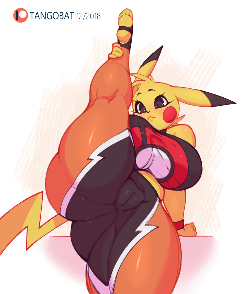 anthro big_breasts big_butt big_thighs breasts butt camel_toe clothing cosplay_pikachu female huge_breasts huge_butt looking_at_viewer nintendo one_leg_raised pikachu pikachu_libre pok&eacute;mon pok&eacute;mon_(species) short_stack slightly_chubby solo stretching tangobat thick_thighs tight_clothing video_games voluptuous