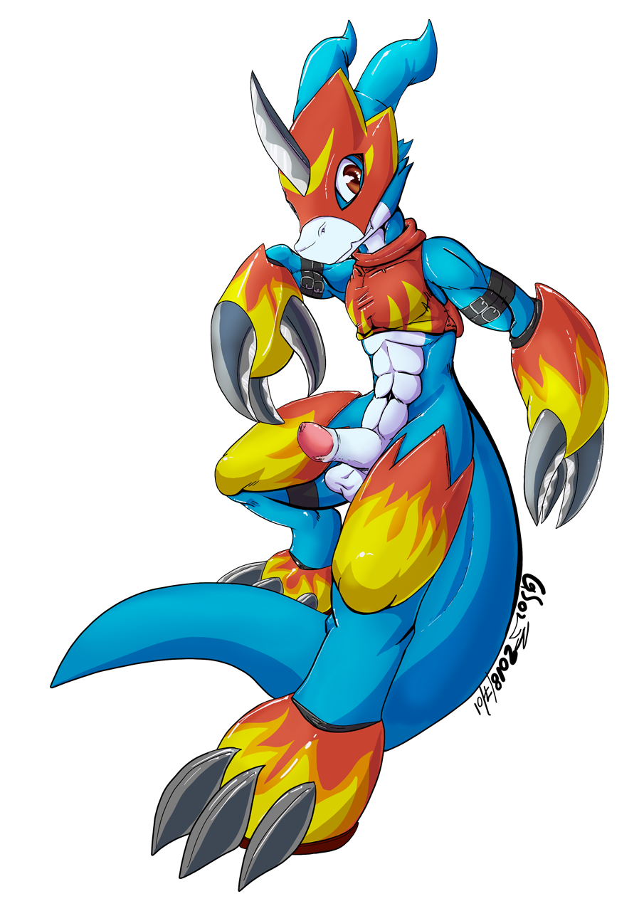 armor balls blue_skin bottomless claws clothed clothing digimon digimon_(species) dragon erection fangs flamedramon gs-fox helmet hi_res horn looking_at_viewer male melee_weapon muscular penis red_eyes scalie simple_background smile solo weapon white_background