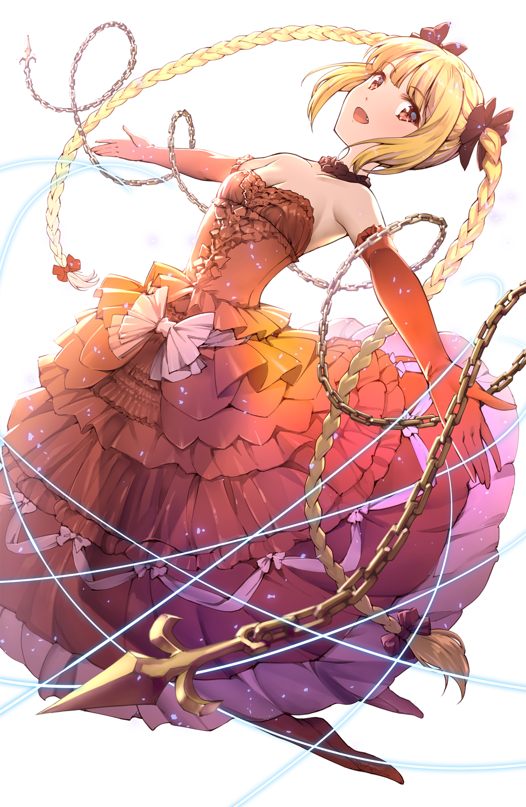 1girl :d bare_shoulders blonde_hair bow braid breasts chains choker cleavage darwin's_game dress elbow_gloves fang frilled_dress frills full_body gloves hair_bow highres layered_dress leaning_back long_dress long_hair looking_at_viewer official_art open_mouth outstretched_arms pantyhose red_bow red_dress red_eyes red_gloves red_legwear see-through_silhouette shoes shuka_(darwin's_game) small_breasts smile solo spread_arms strapless strapless_dress takahata_yuki twin_braids twintails very_long_hair