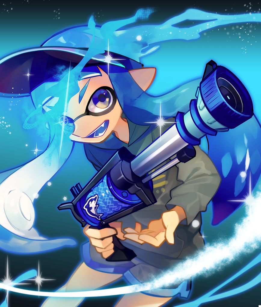 1girl :d blue_eyes blue_hair blue_tongue cowboy_shot domino_mask fang glowing glowing_eye grey_hoodie grey_shorts h-3_nozzlenose_(splatoon) holding hood hood_down hoodie inkling legs_apart long_hair long_sleeves looking_at_viewer mask o_(maru14mori) open_mouth pointy_ears purple_headwear shorts smile solo splatoon splatoon_(series) splatoon_2 suction_cups teeth tentacle_hair visor_cap