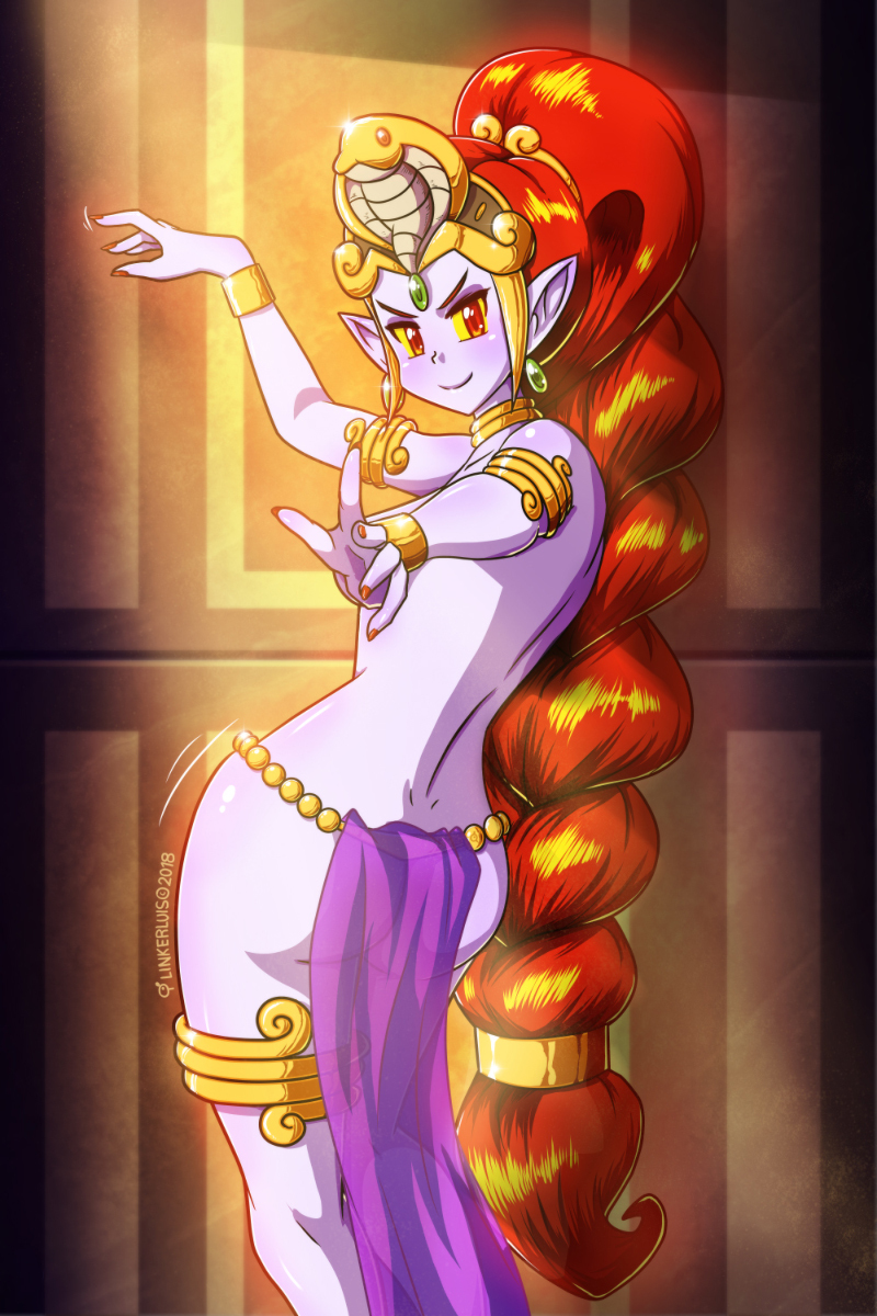 1girl ass back bare_back braid breasts covered_breasts covering covering_breasts dancer dancer_shantae dancing dark_persona dimples_of_venus evil_grin evil_smile female genie grin half-closed_eyes highres linkerluis looking_at_viewer midriff nega-shantae purple_skin red_eyes red_hair seductive shantae_(character) shantae_(series) smile solo standing tagme thick_thighs thighs topless wayforward