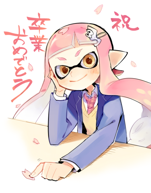 1girl blue_jacket cherry_blossoms closed_mouth domino_mask hair_ornament hand_up inkling jacket long_hair long_sleeves mask motion_lines o_(maru14mori) open_clothes open_jacket petals pink_hair pink_neckwear plaid plaid_neckwear pointy_ears smile solo splatoon splatoon_(series) splatoon_1 suction_cups sweater_vest tentacle_hair yellow_eyes