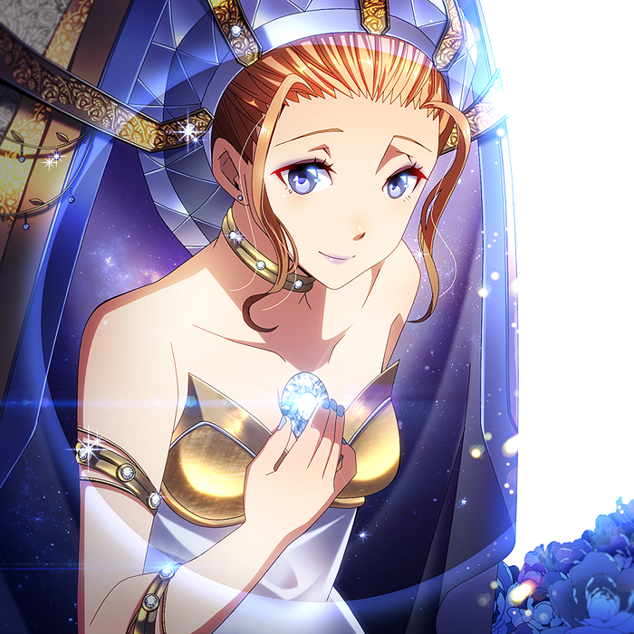 1girl blonde_hair blue_eyes blue_theme diamond_(gemstone) diana dress flower gem hair_strand hand_on_own_chest headdress jewelry legend_of_mana neck_ring seiken_densetsu white_dress