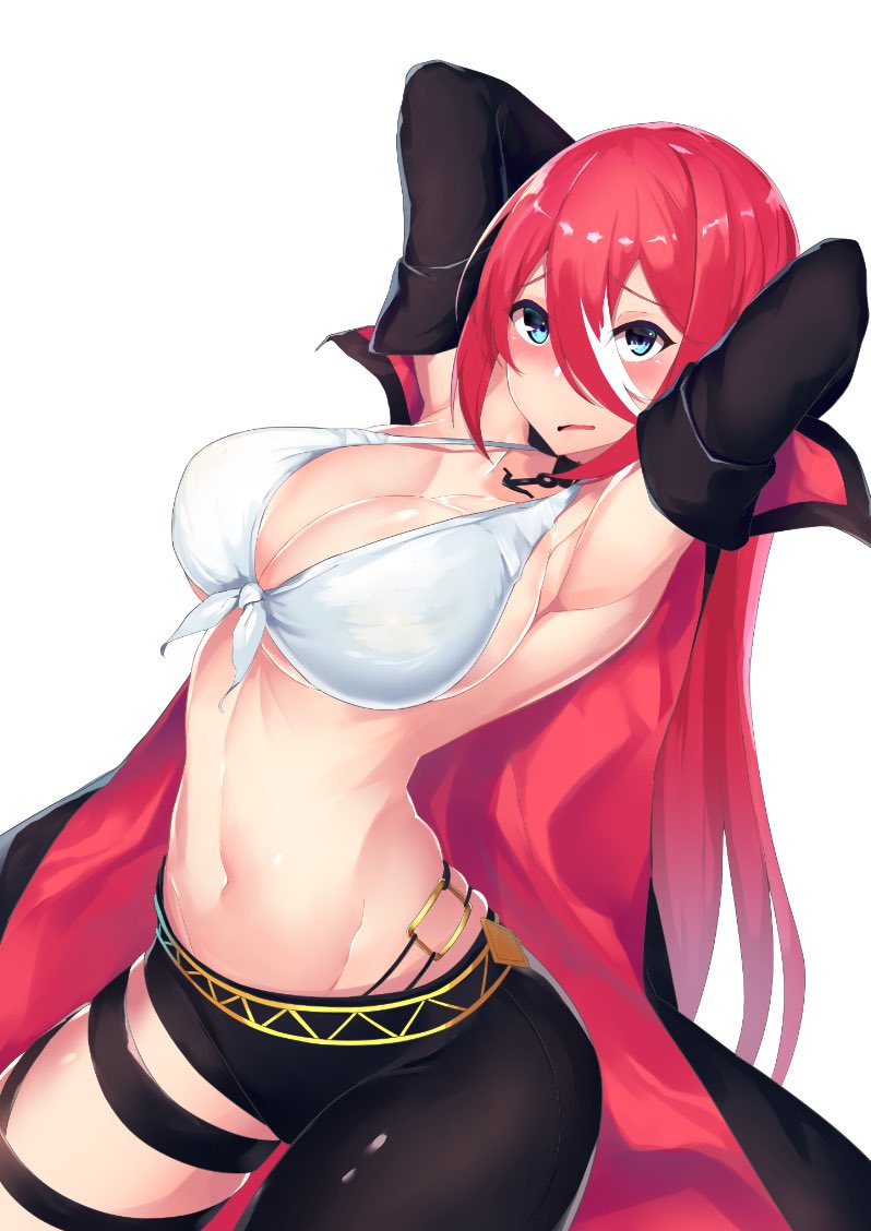 1girl anchor_choker armpits arms_behind_head artist_request azur_lane black_choker blue_eyes blush breasts bursting_breasts choker commentary_request detached_sleeves front-tie_top hair_between_eyes large_breasts long_hair looking_at_viewer multicolored_hair navel open_mouth pants pink_hair ranger_(azur_lane) remodel_(azur_lane) shirt simple_background solo standing streaked_hair tight tight_pants very_long_hair white_background white_hair white_shirt