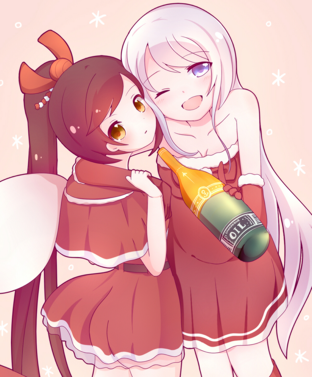 2girls alcohol alternate_costume arm_around_neck azur_lane bangs bare_shoulders belt blue_eyes bottle breasts brown_hair champagne christmas cleavage collarbone commentary_request detached_sleeves enterprise_(azur_lane) eyebrows_visible_through_hair graphite_(medium) hair_ornament hair_ribbon highres holding_another's_arm long_hair looking_at_viewer looking_back mechanical_pencil multiple_girls one_eye_closed open_mouth pencil ponytail red_clothes ribbon sack skirt traditional_media tsuyumaru very_long_hair white_hair yellow_eyes zuikaku_(azur_lane)