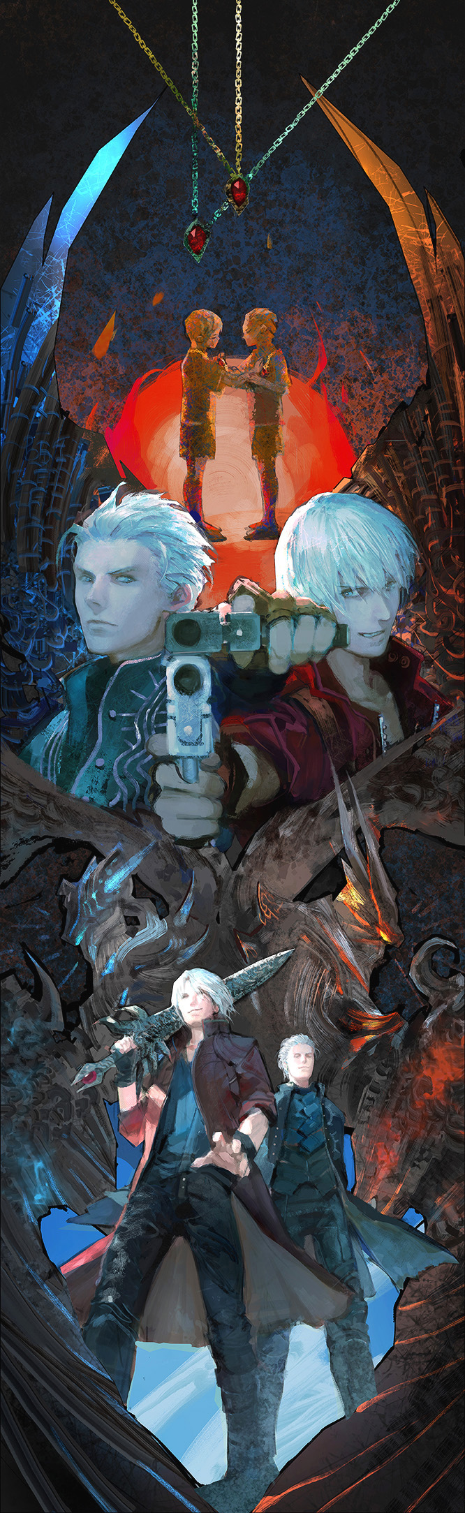 2boys age_progression aiming_at_viewer amulet brothers chains dante_(devil_may_cry) devil_may_cry devil_may_cry_3 devil_may_cry_5 devil_sword_dante devil_trigger ebony_&amp;_ivory gun hair_slicked_back handgun highres jacket jewelry long_image looking_at_viewer multiple_boys necklace over_shoulder red_jacket serious siblings silver_hair smile standing sword tin_nijigen vergil weapon weapon_over_shoulder