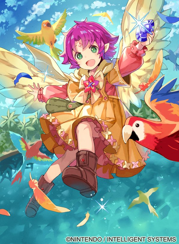 1girl bird blue_sky boots cloud company_name copyright_name day dress fa facial_mark feathered_wings feathers fire_emblem fire_emblem:_fuuin_no_tsurugi fire_emblem_cipher forehead_mark full_body green_eyes holding long_sleeves mamkute nintendo official_art open_mouth outdoors pointy_ears purple_hair short_hair sky solo stone tobi_(kotetsu) water wings