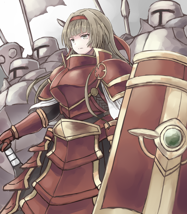 1girl 3boys aoiyamagi4 armor armored_dress brown_eyes brown_hair flag gauntlets hairband helmet holding_shield long_hair looking_afar multiple_boys polearm rean_(sennen_sensou_aigis) red_armor red_hairband sennen_sensou_aigis shield spear standing weapon