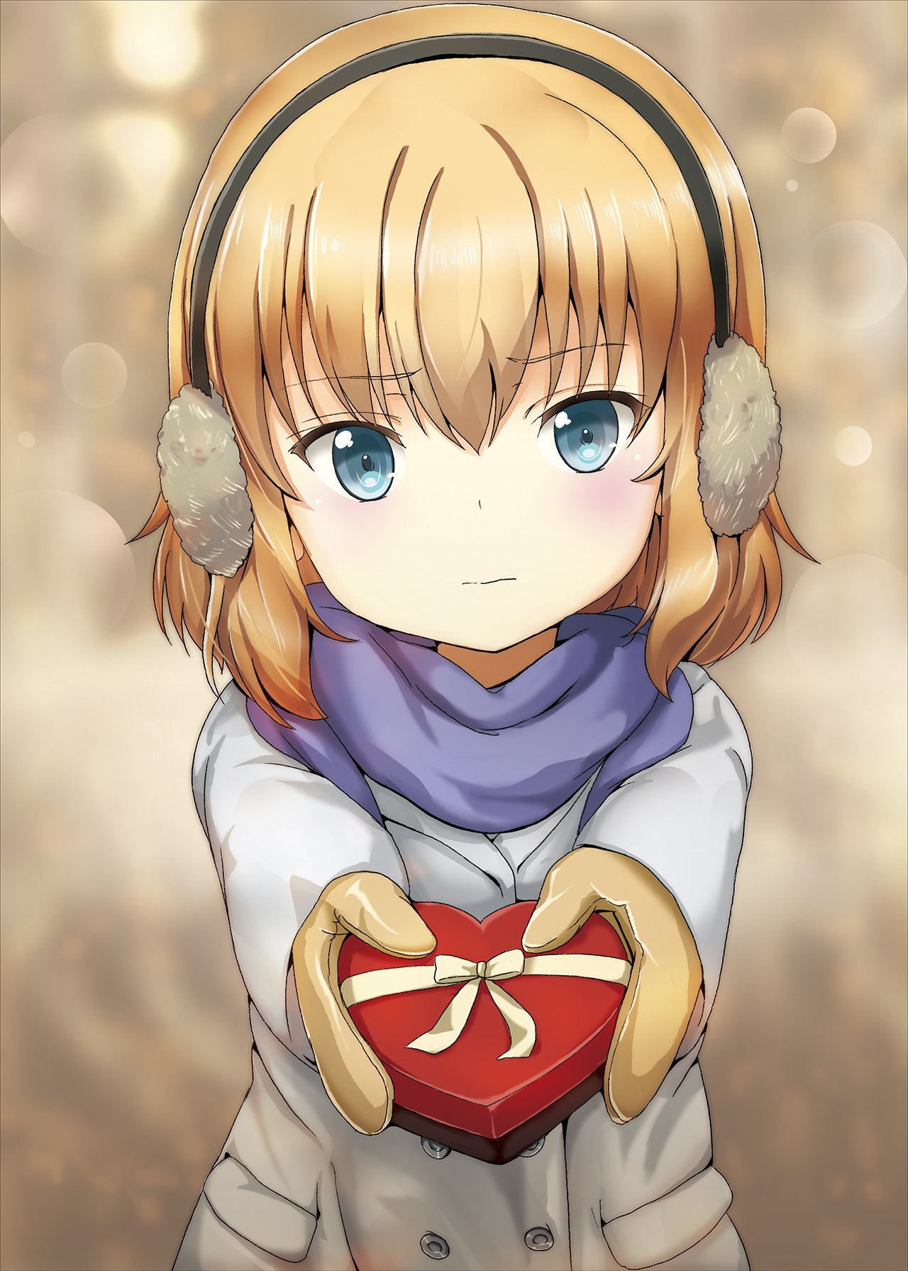 1girl bangs blonde_hair blue_eyes blue_scarf blurry blurry_background blush box casual closed_mouth commentary earmuffs eyebrows_visible_through_hair foreshortening frown gift girls_und_panzer grey_coat heart-shaped_box highres holding holding_gift katyusha long_sleeves looking_at_viewer scarf shibagami short_hair solo standing upper_body valentine yellow_mittens