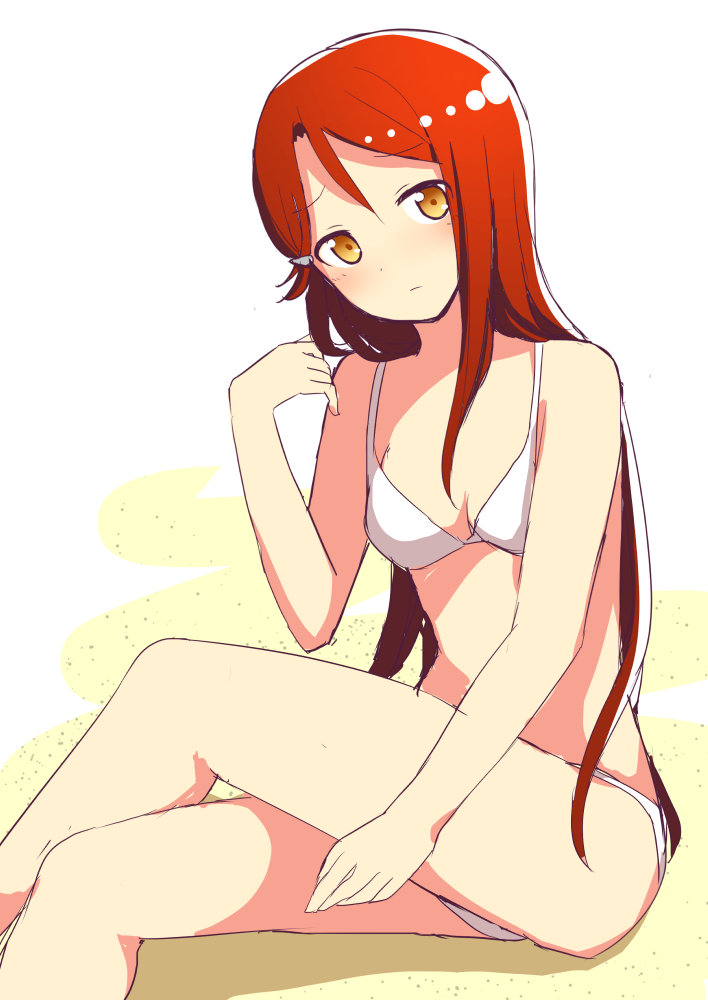 1girl aabtcndneefkg beach bikini blush breasts cleavage collarbone hair_between_eyes hair_ornament hairclip legs_crossed long_hair looking_at_viewer love_live! love_live!_sunshine!! red_hair sakurauchi_riko shiny shiny_hair simple_background sitting sketch small_breasts solo swimsuit very_long_hair white_background white_bikini yellow_eyes