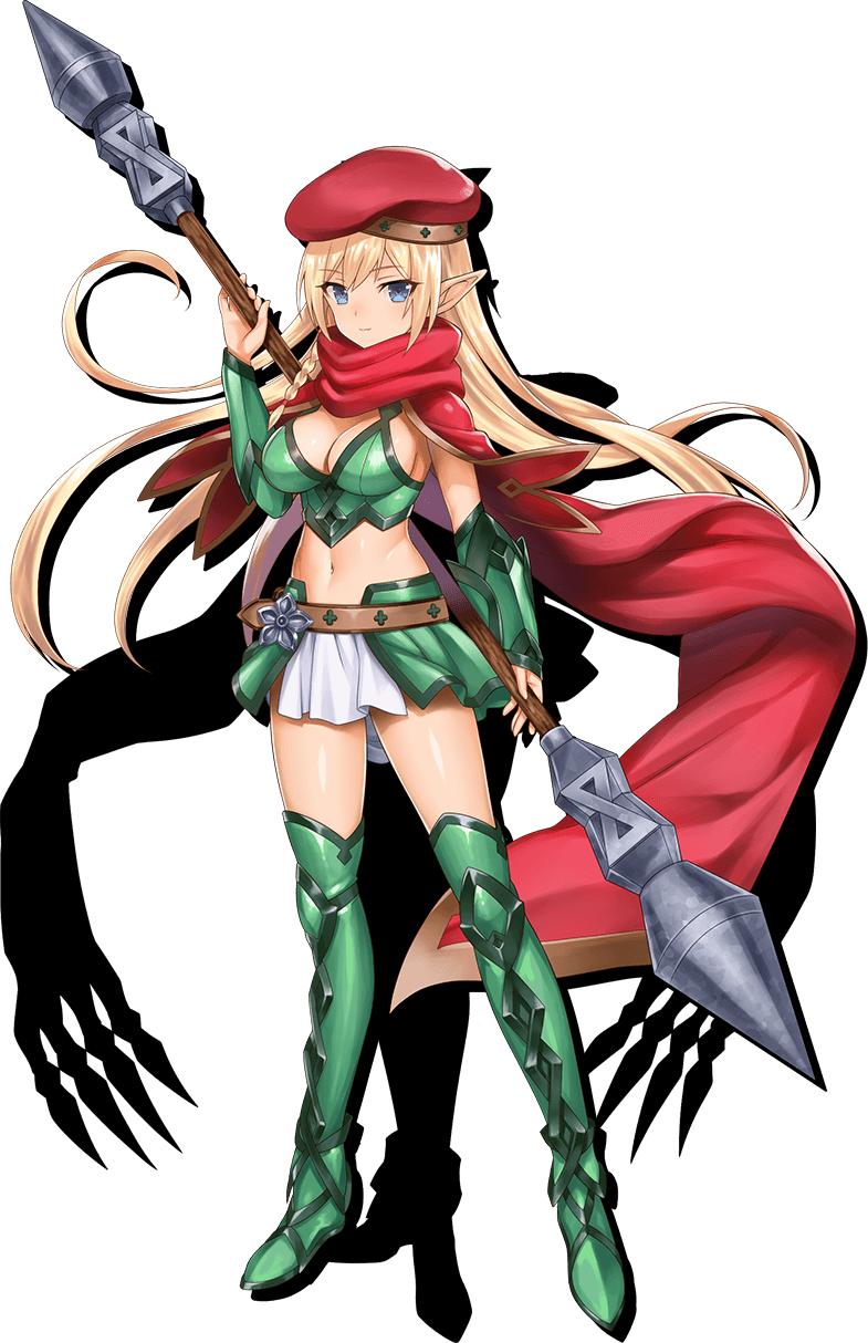 10s 1girl alleyne_(queen's_blade) artist_request beret blonde_hair blue_eyes boots braid breasts cape cleavage elf hat highres long_hair medium_breasts midriff pointy_ears queen's_blade queen's_blade_unlimited side_braid solo thighhighs weapon