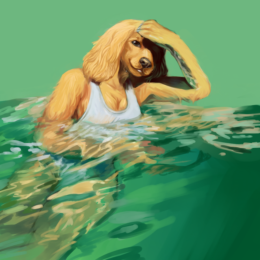 anthro biped breasts canid canine canis cleavage clothed clothing digital_media_(artwork) digital_painting_(artwork) domestic_dog female floppy_ears fur gold_fur looking_at_viewer mammal partially_submerged rottweilerx shadow shirt smile solo tank_top water wet wet_fur