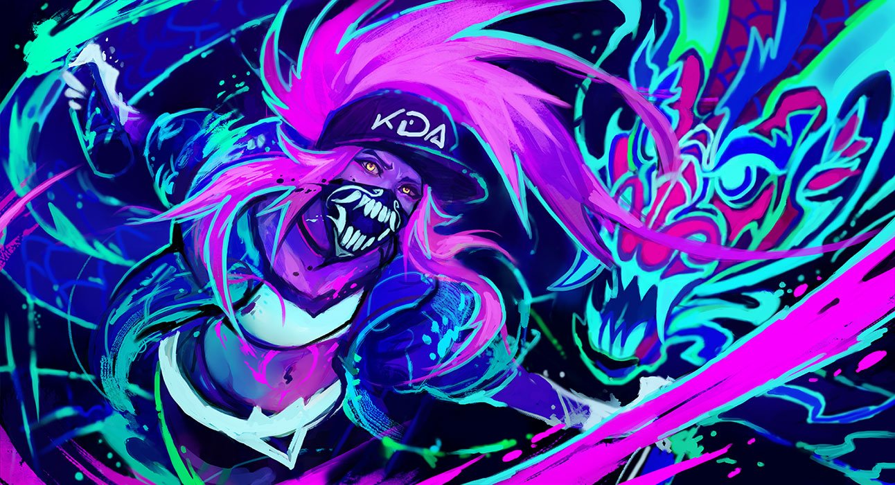 1girl akali baseball_cap commentary english_commentary face_mask hat jacket k/da_(league_of_legends) k/da_akali league_of_legends long_hair looking_at_viewer mask midriff muju ponytail purple_hair solo spray_paint ultraviolet_light yellow_eyes