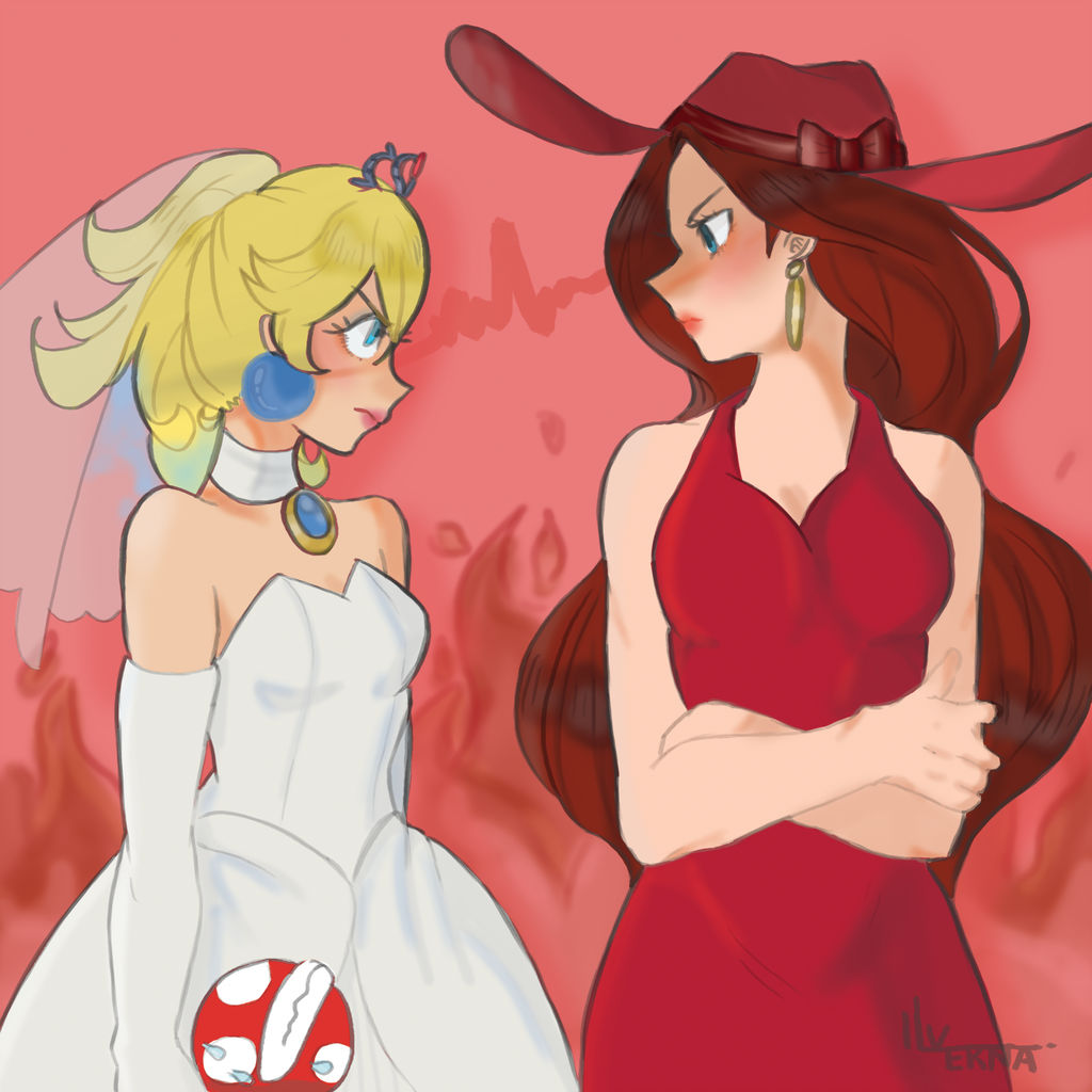 2girls angry arms_at_sides bangs bare_arms bare_shoulders blonde_hair blue_eyes bow breasts brown_hair choker clash cleavage closed_mouth confrontation crossed_arms crown donkey_kong_(game) donkey_kong_(series) dress earrings elbow_gloves eye_contact female fire gem gloves hair_between_eyes hat jewelry lips lipstick long_dress long_hair looking_at_another makeup mario_(series) mayor medium_breasts multiple_girls neck necklace nintendo pauline pink_background pink_lipstick piranha_plant plant ponytail princess princess_peach red_bow red_dress red_headwear red_lipstick sapphire_(stone) short_hair standing super_mario_bros. super_mario_odyssey sweat veil wavy_mouth wedding_dress white_choker white_dress white_gloves