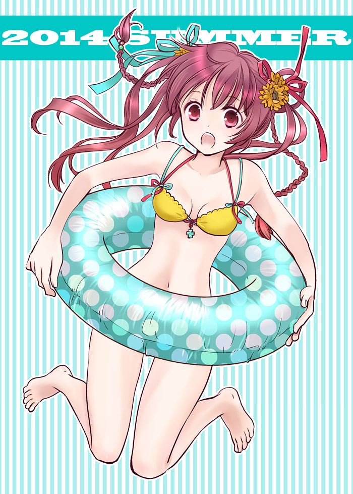 1girl 2014 :o aqua_ribbon barefoot breasts cleavage collarbone eyebrows_visible_through_hair floating_hair flower full_body hair_flower hair_ornament hair_ribbon innertube jumping legs_up long_hair looking_at_viewer navel original red_eyes red_hair red_ribbon ribbon sakuragi_akira small_breasts solo striped striped_background very_long_hair yellow_bikini_top yellow_flower