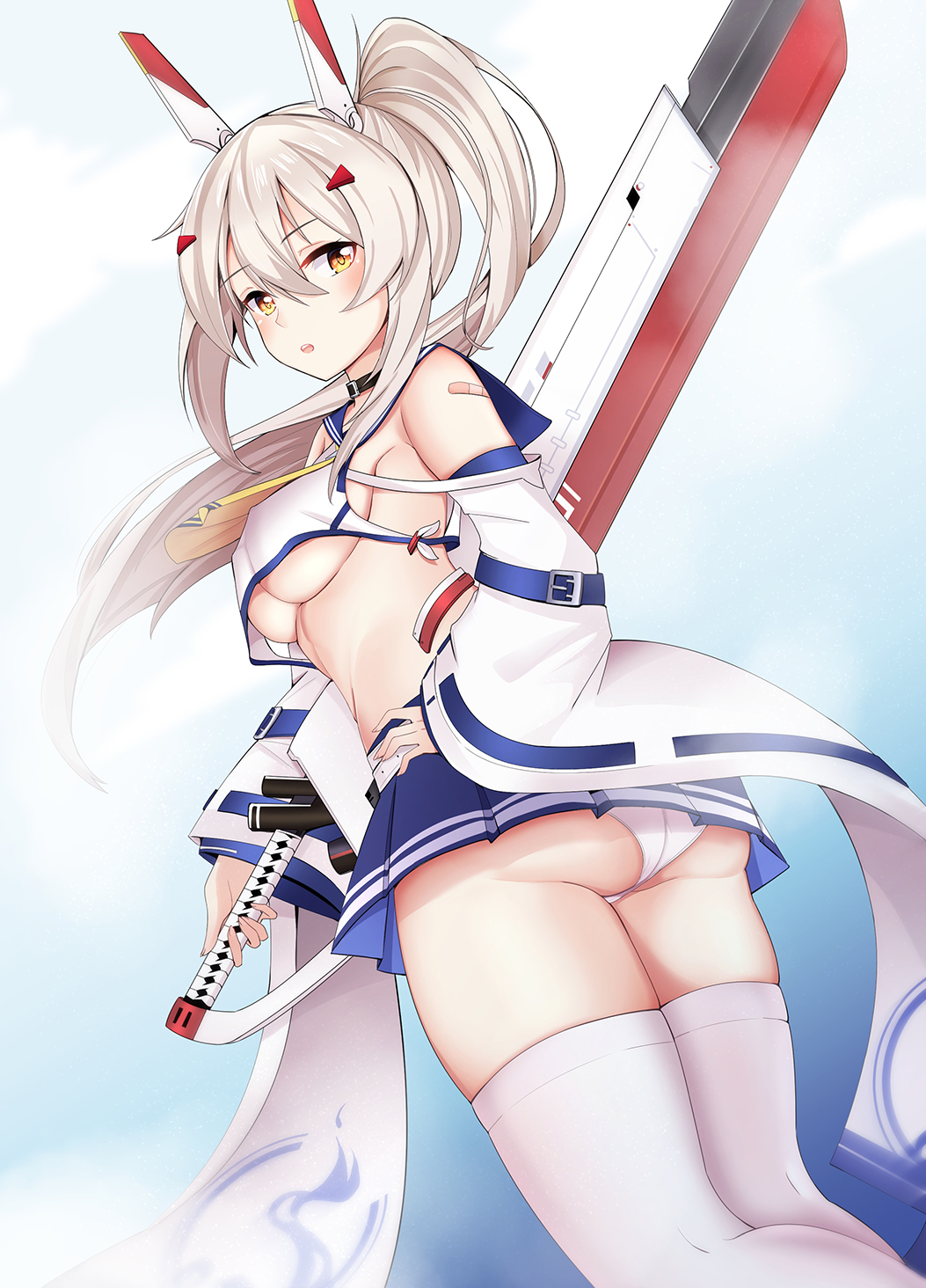 1girl ass ayanami_(azur_lane) azur_lane bandaid_on_arm bangs blue_sailor_collar blue_skirt blush breasts commentary_request crop_top crop_top_overhang detached_sleeves eyebrows_visible_through_hair hair_between_eyes hair_ornament hairclip hand_on_hip headgear high_ponytail highres holding holding_sword holding_weapon leng_xiao long_hair long_sleeves looking_at_viewer looking_back medium_breasts panties parted_lips pleated_skirt ponytail remodel_(azur_lane) sailor_collar school_uniform serafuku shirt silver_hair skirt sleeveless sleeveless_shirt sleeves_past_wrists solo sword thighhighs underboob underwear weapon white_legwear white_panties white_shirt white_sleeves wide_sleeves yellow_eyes