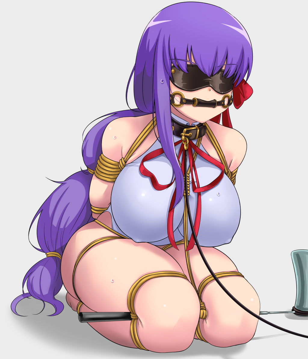 1girl arms_behind_back bb_(fate)_(all) bb_(fate/extra_ccc) bdsm bit_gag blindfold bondage bound bow breasts collar erect_nipples fate/extra fate/extra_ccc fate/grand_order fate_(series) gag gagged hair_ribbon large_breasts leash leotard long_hair purple_eyes purple_hair ribbon ribeiku rope seiza shibari sitting skindentation thick_thighs thighs