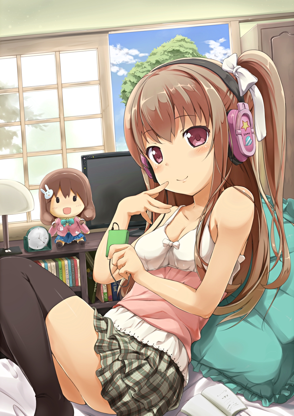 1girl asahina_momoko bangs bare_arms bed black_legwear blue_sky blush book bookshelf breasts brown_eyes brown_hair bunny_hair_ornament camisole character_doll cleavage clock closed_mouth cloud collarbone commentary_request day eyebrows_visible_through_hair frilled_pillow frills girlfriend_(kari) hair_ornament hand_to_own_mouth headphones highres indoors kazemachi_haruka knees_up lamp long_hair looking_at_viewer on_bed one_side_up pillow revision ribbon side_ponytail sitting skirt sky small_breasts smile solo stuffed_toy television thighhighs tree utamaru_(konomix) zettai_ryouiki