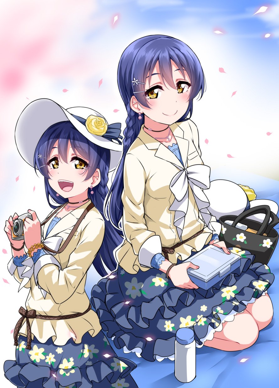 1girl bag bangs blue_hair blush braid camera closed_mouth commentary_request earrings eyebrows_visible_through_hair floral_print hair_between_eyes hair_ornament hairclip hat highres holding jewelry long_hair long_sleeves looking_at_viewer love_live! love_live!_school_idol_festival love_live!_school_idol_project multiple_persona necklace obentou open_mouth petals seiza sitting smile solo sonoda_umi yellow_eyes yopparai_oni