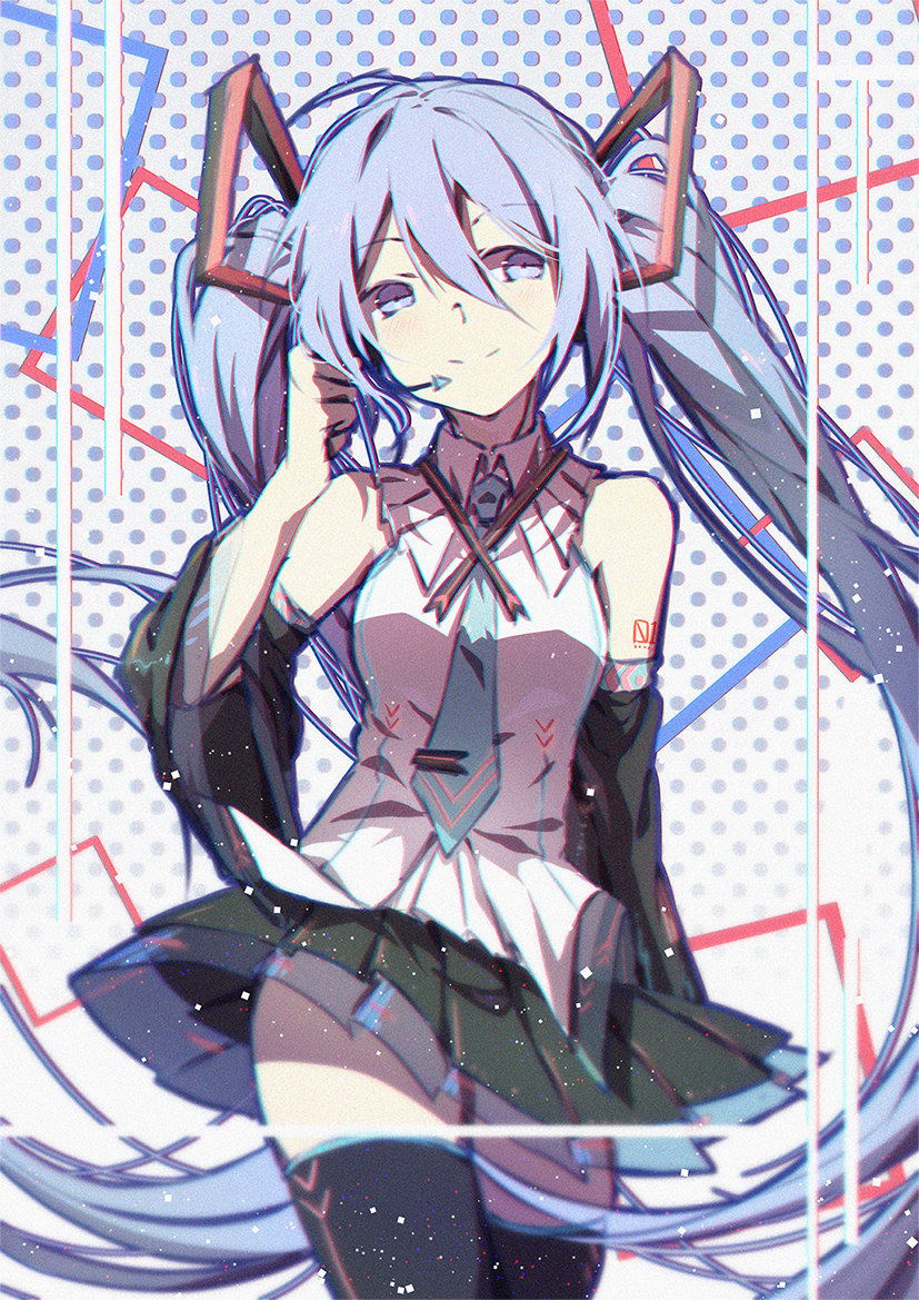 1girl arm_at_side bare_shoulders black_skirt blue_background blue_eyes blue_hair blue_neckwear breasts detached_sleeves eyebrows_visible_through_hair floating_hair gradient gradient_background hatsune_miku headset hhhhhoi long_hair looking_away medium_breasts necktie number_tattoo polka_dot polka_dot_background shirt shoulder_tattoo skirt skirt_lift sleeveless sleeveless_shirt smile solo square tattoo thighhighs thighs twintails very_long_hair vocaloid white_background white_shirt