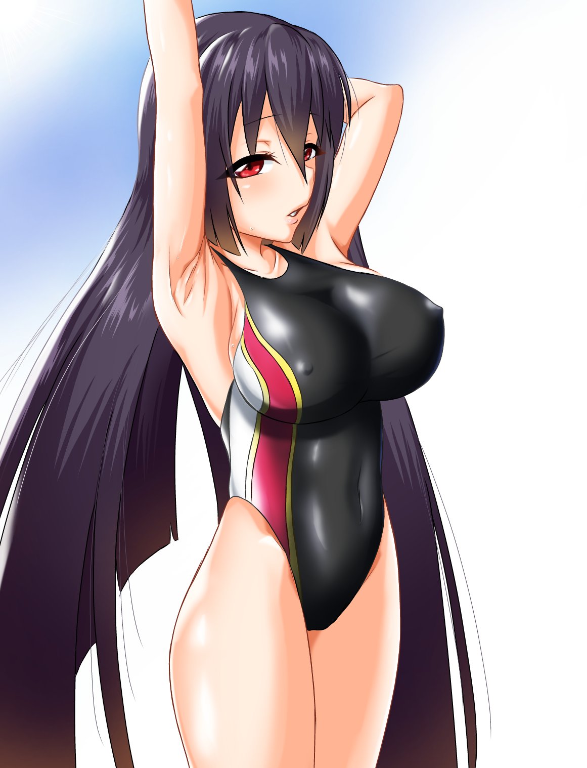 1girl armpits arms_up black_swimsuit blue_sky breasts character_name cloud collarbone commentary_request competition_swimsuit copyright_request cowboy_shot erect_nipples highleg highleg_swimsuit highres large_breasts looking_at_viewer murasame_(tmurasamet) one-piece_swimsuit parted_lips red_eyes sky solo standing swimsuit